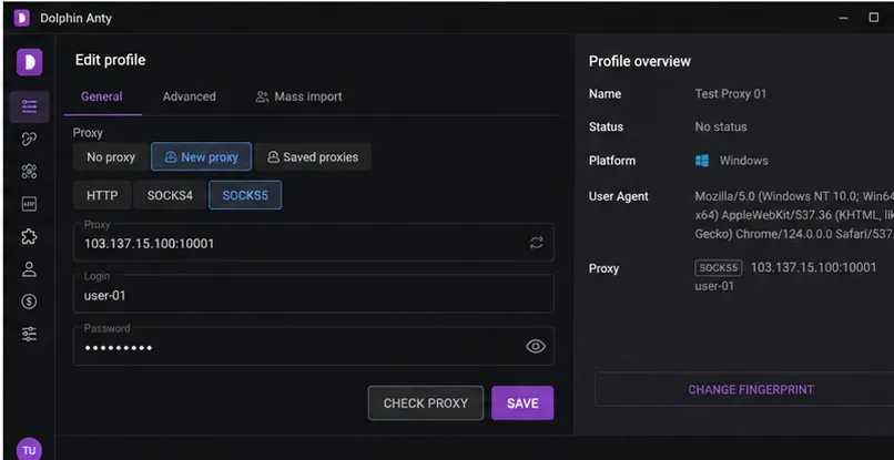 Dolphin Anty Edit profile screen with SOCKS5 selected as the proxy protocol, proxy address 103.137.15.100:10001, login user-01, and a masked password field, with CHECK PROXY and SAVE buttons at the bottom