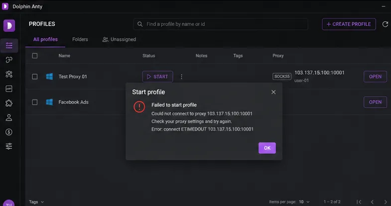 Dolphin Anty ‘Failed to start profile’ error pop-up showing connect ETIMEDOUT 103.137.15.100:10001, with a Start button next to the Test Proxy 01 profile in the background