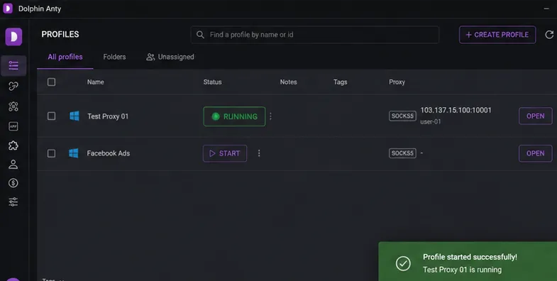 Dolphin Anty Profiles page showing Test Proxy 01 with status RUNNING and a ‘Profile started successfully!’ notification