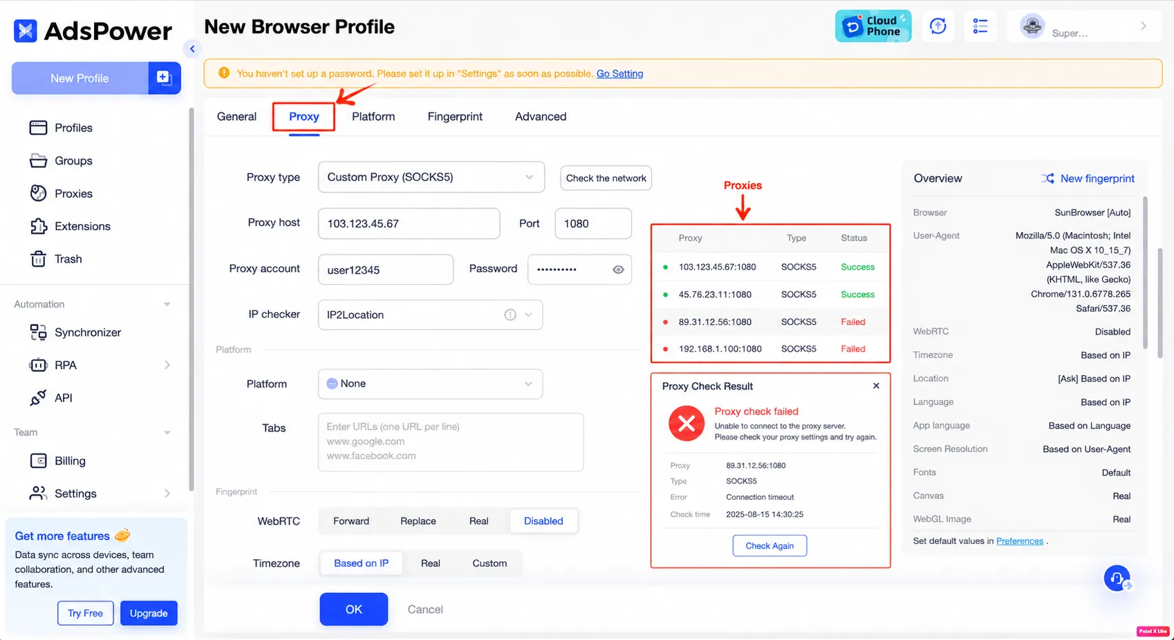 AdsPower New Browser Profile screen with the Proxy tab open, a red arrow pointing at the proxy list, and a “Proxy check failed” pop-up in the bottom right showing the connection timeout log
